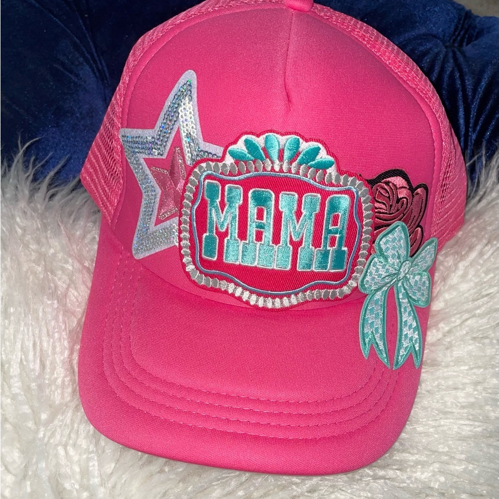 Women’s Custom Made Pink 'MAMA' Patch Trucker Hat